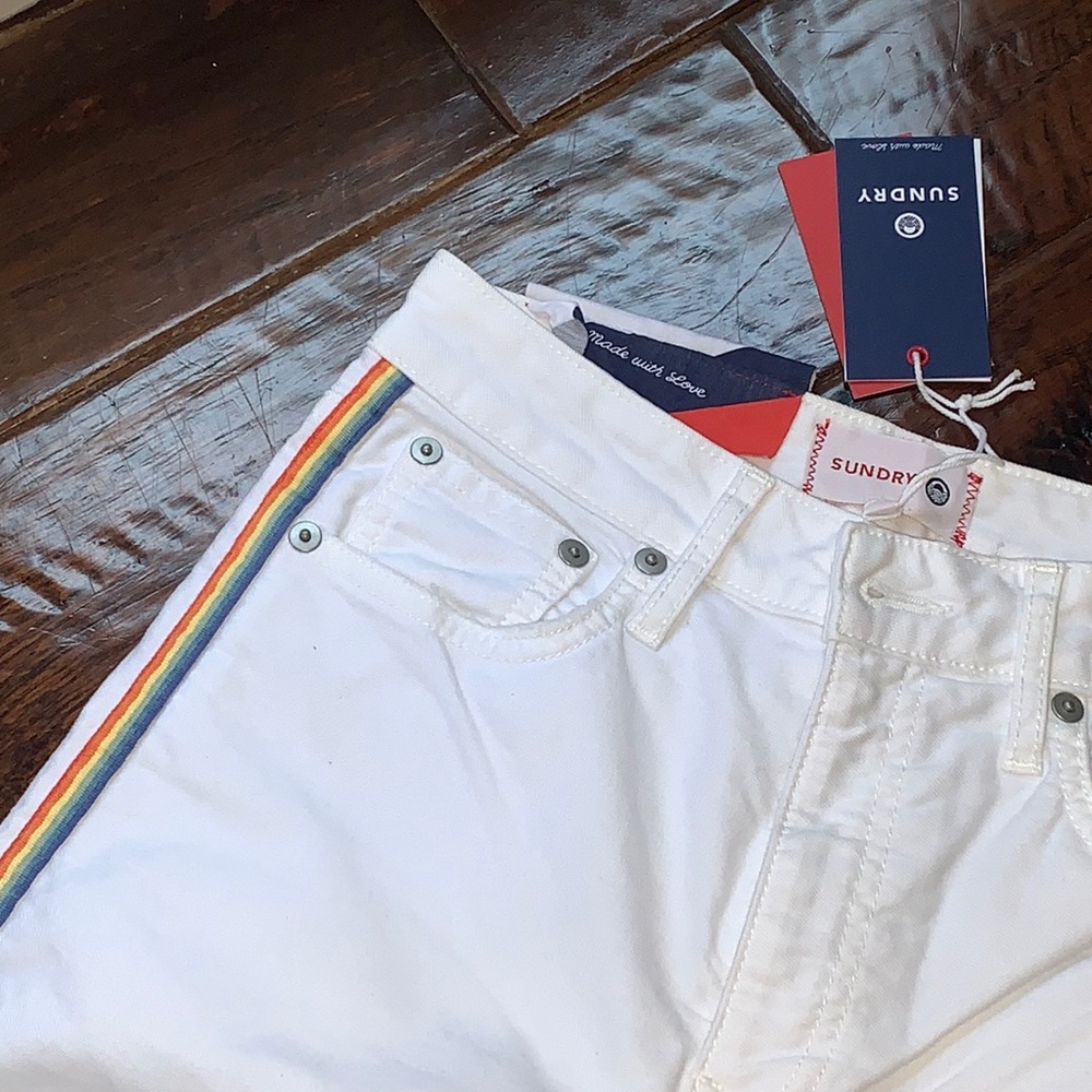 White jeans with rainbow stripes!